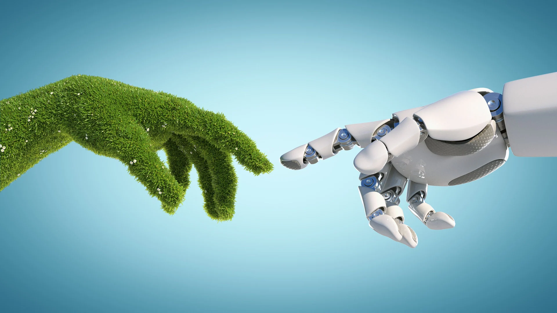 Nature and technology abstract concept, robot hand and natural hand covered with grass