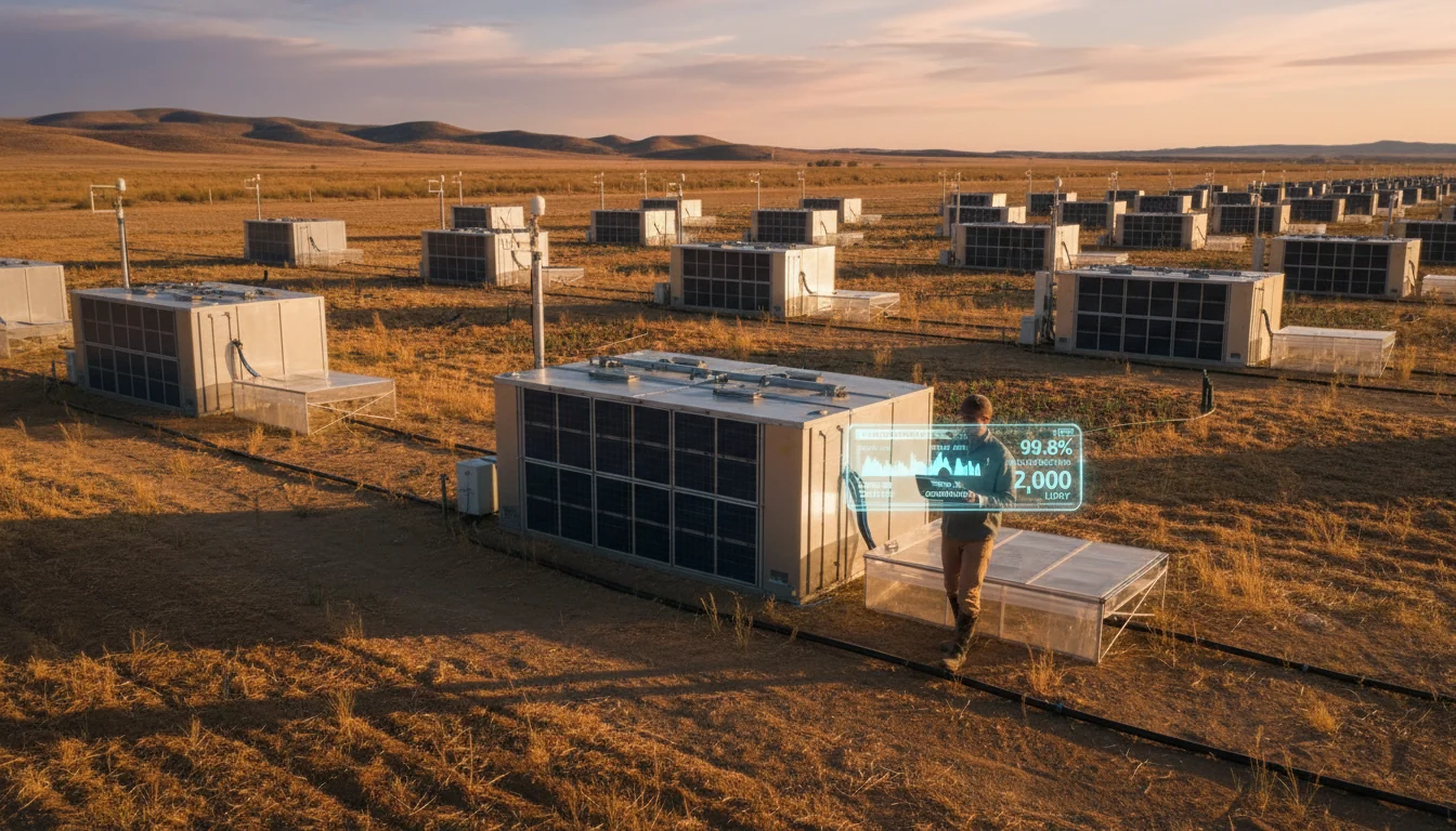 Wide landscape view of atmospheric water generation systems deployed across semi-arid agricultural field with farmer monitoring data on handheld device