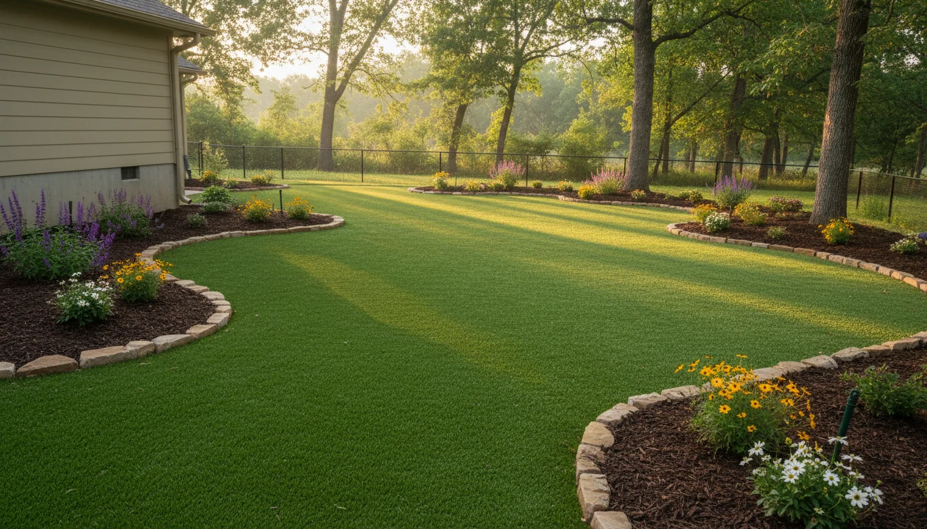 Residential backyard transformed with newly installed artificial turf, flower beds, and professional landscaping design