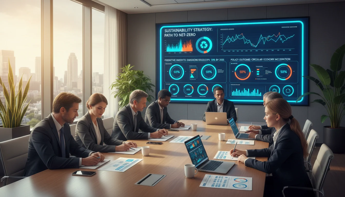 Diverse team reviewing sustainability reports and environmental monitoring dashboard during policy strategy meeting in modern conference room