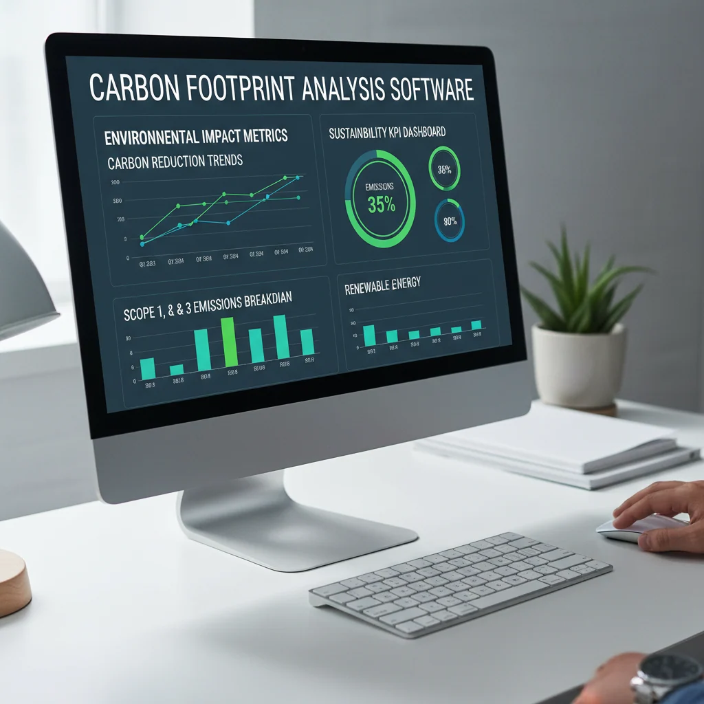 Consultant reviewing carbon footprint analysis and sustainability metrics on computer monitor displaying environmental KPI dashboard
