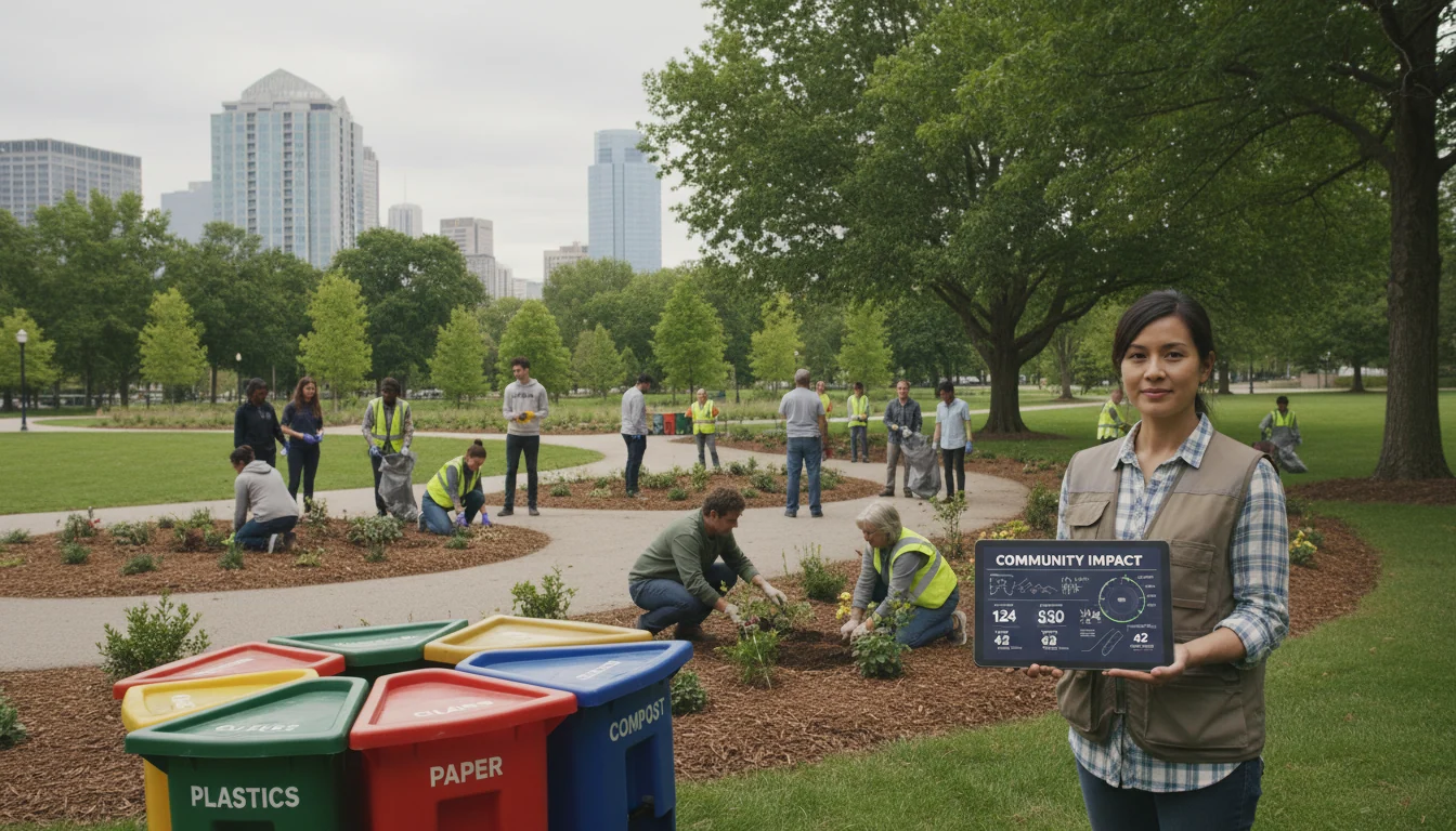 Diverse volunteers cleaning urban park while coordinator tracks impact metrics on mobile device