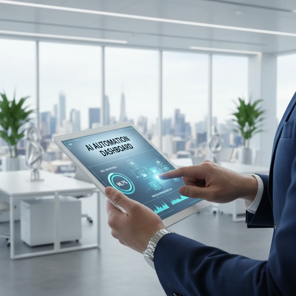 Executive hands using tablet displaying AI automation dashboard with colorful performance metrics and workflow diagrams