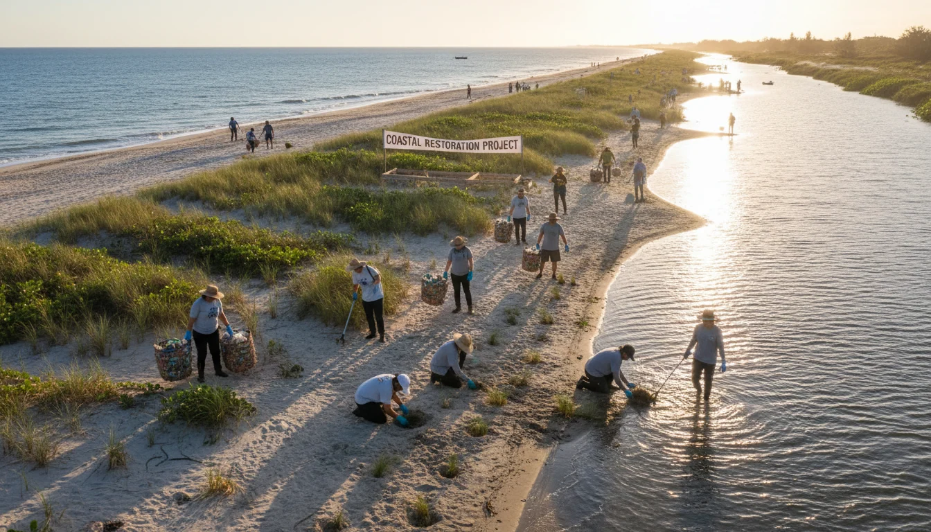 Diverse volunteers conducting beach cleanup and environmental restoration along scenic coastal waterway during golden hour
