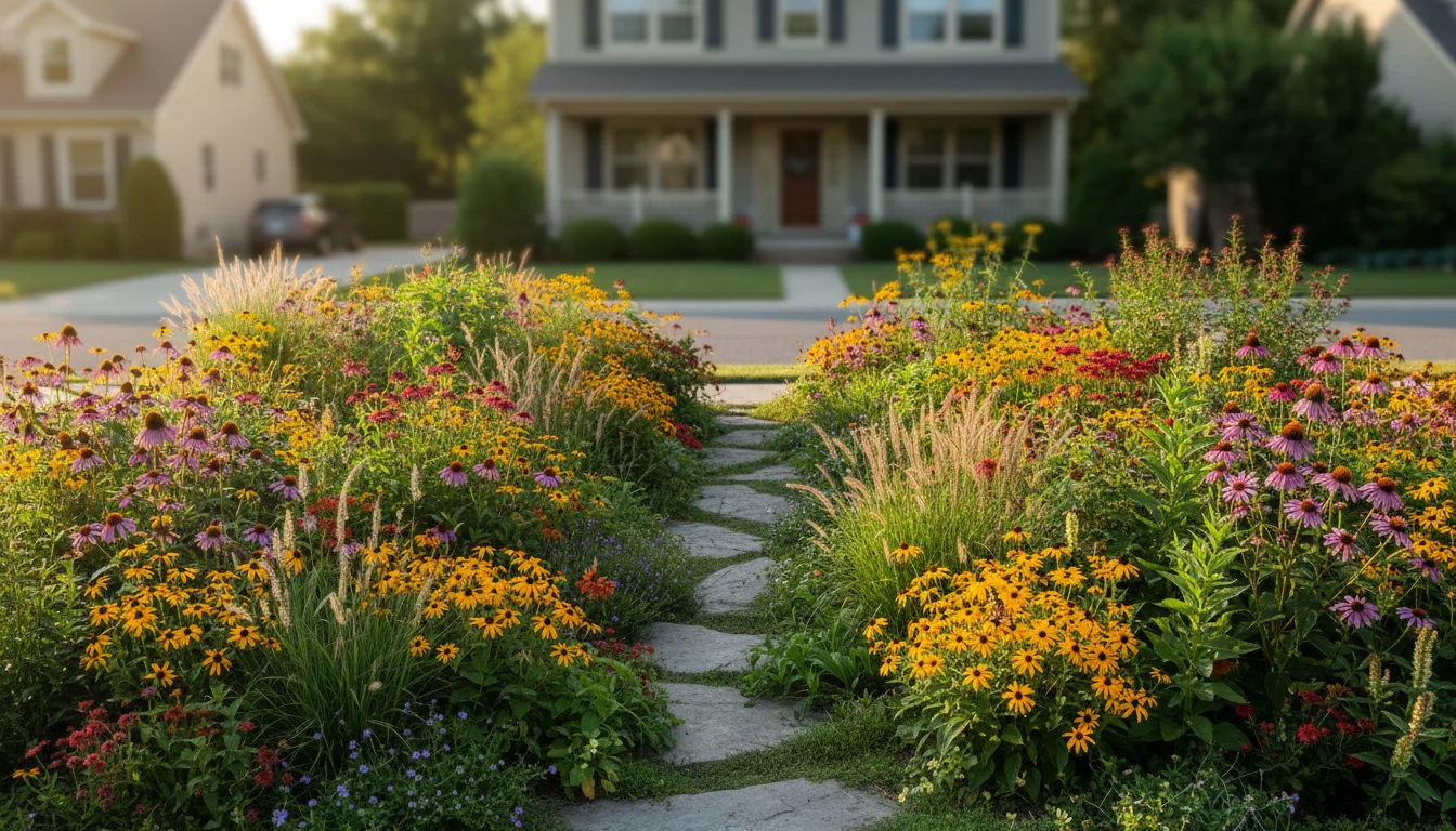 Vibrant suburban front yard transformed into native flowering plant habitat with visible pollinators and bees