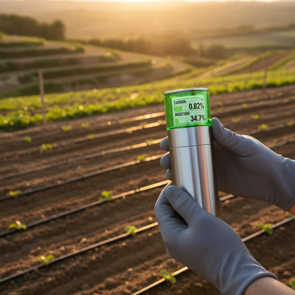 Close-up of professional hands holding soil quality sensor displaying sustainability metrics above agricultural field