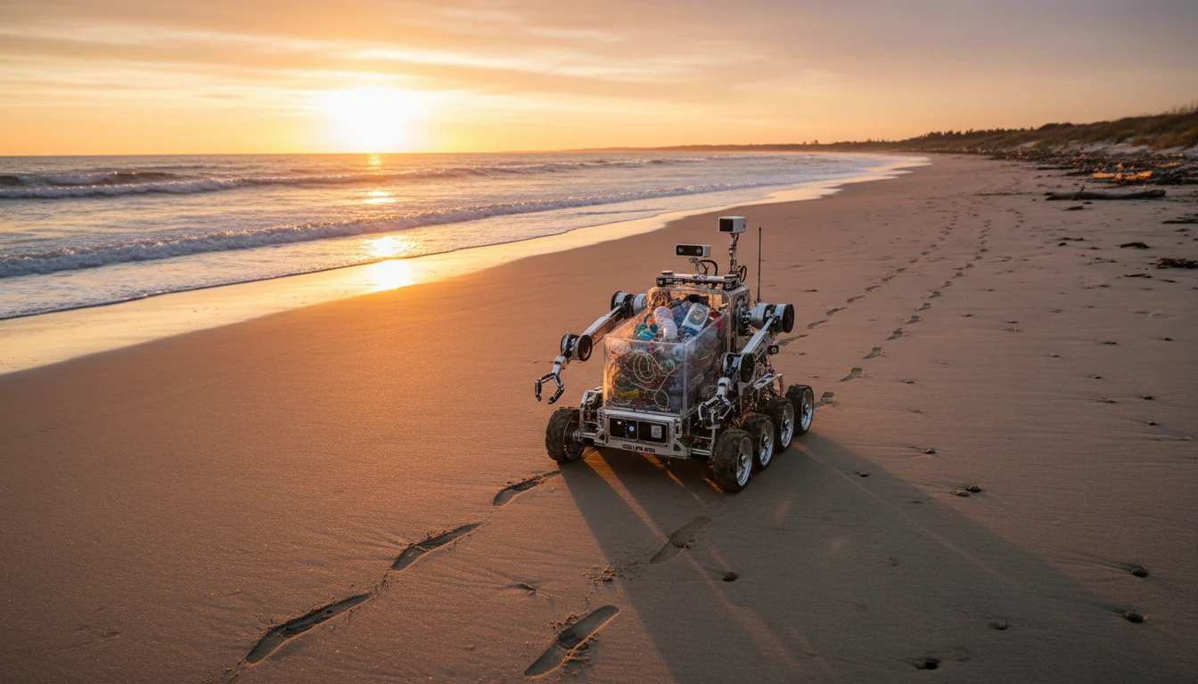 Advanced robotic cleanup system collecting plastic waste on a beach at sunset, demonstrating environmental technology in action