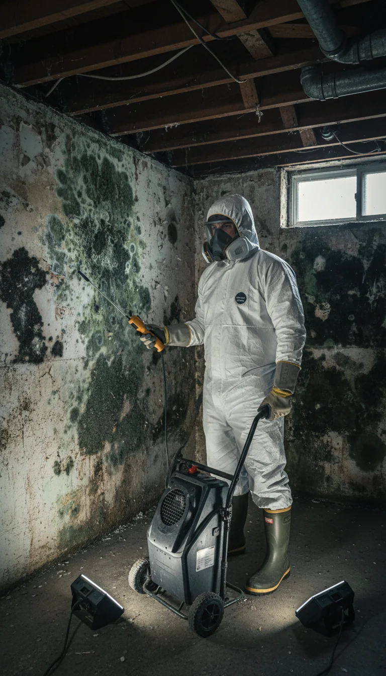 Restoration technician in full protective gear assessing mold growth in water-damaged basement foundation