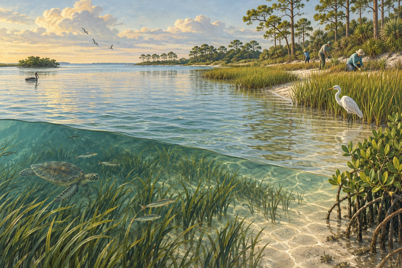 Original conceptual illustration of coastal bay habitats and volunteers tending shoreline vegetation.