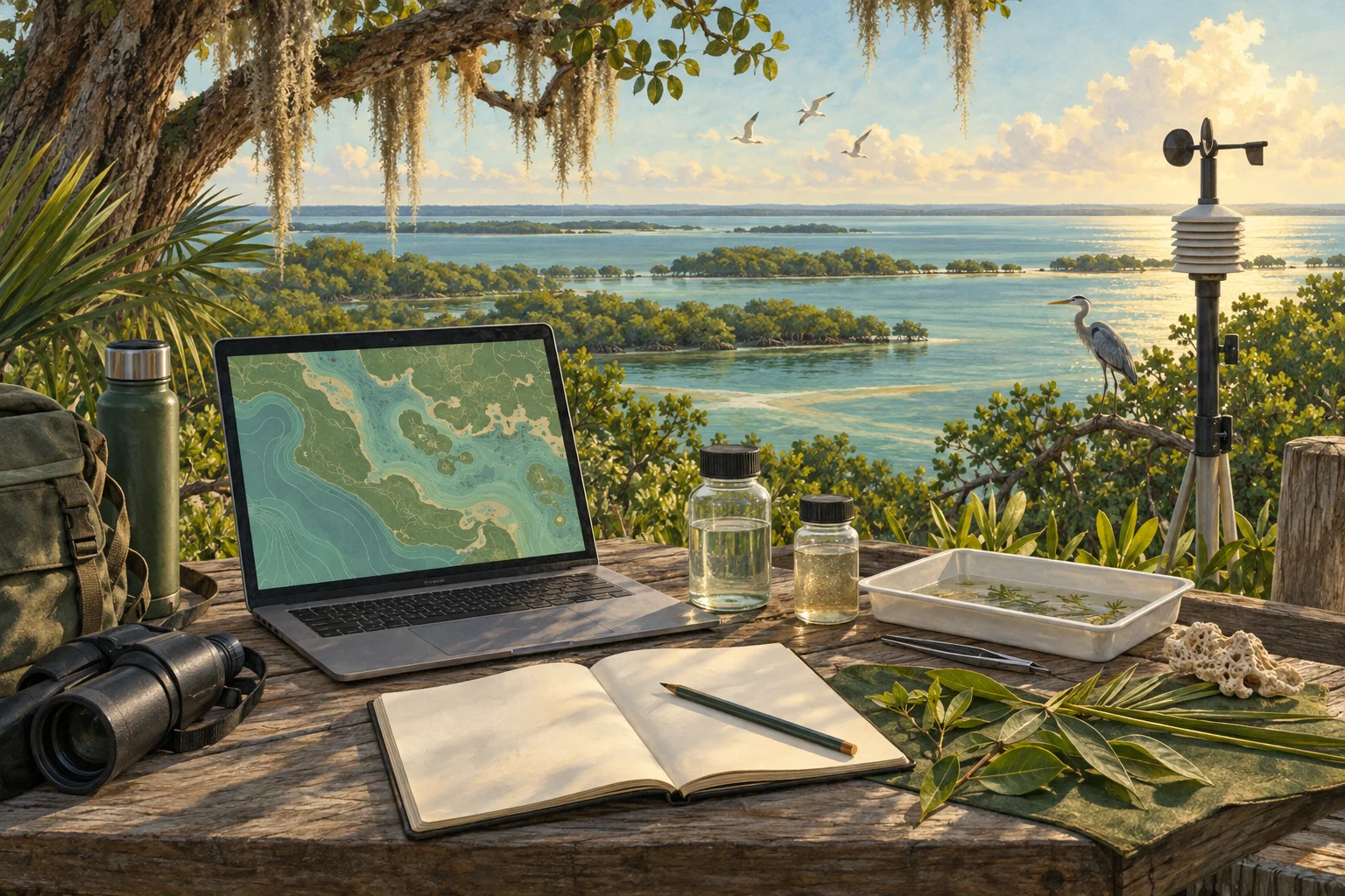 Original conceptual illustration of a field research desk with a landscape map and environmental sensor.